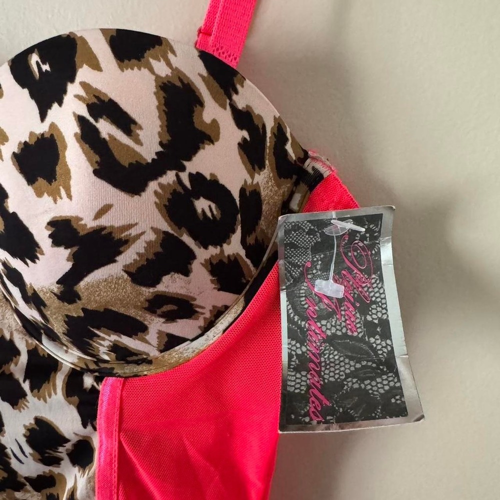 NWT Y2K neon pink leopard bustiers Medium B Cup animal print deadstock micromesh - Picture 3 of 7